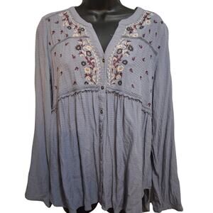 Knox Rose Shirt Large Blue Button Down Bohemian Floral Embroidered Blouse